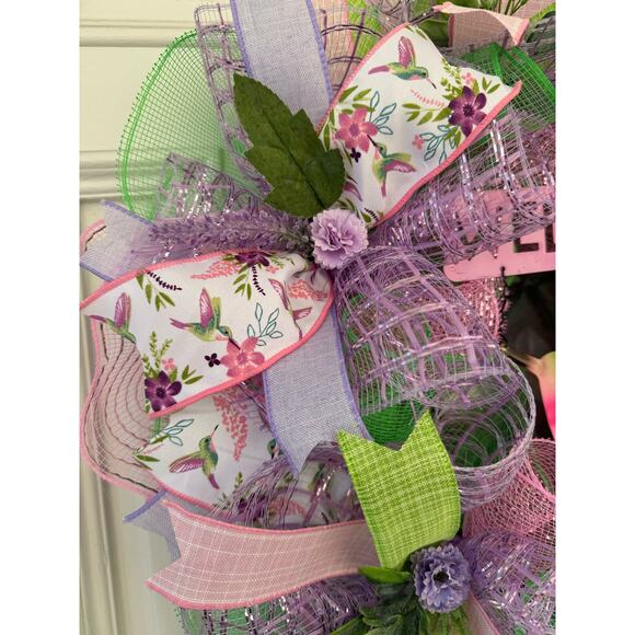 Welcome Hummingbird Mesh Ribbon Spring & Summer Wreath Door Hanger Home Decor - Picture 3 of 8